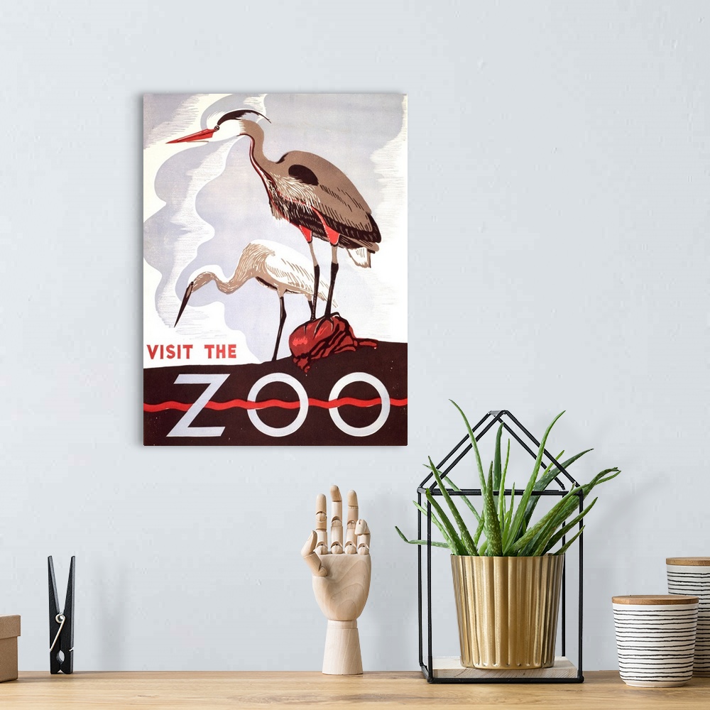 A bohemian room featuring Visit the zoo. Poster promoting the zoo as a place to visit, showing two herons. Library of Congr...