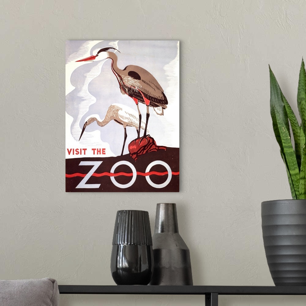 A modern room featuring Visit the zoo. Poster promoting the zoo as a place to visit, showing two herons. Library of Congr...