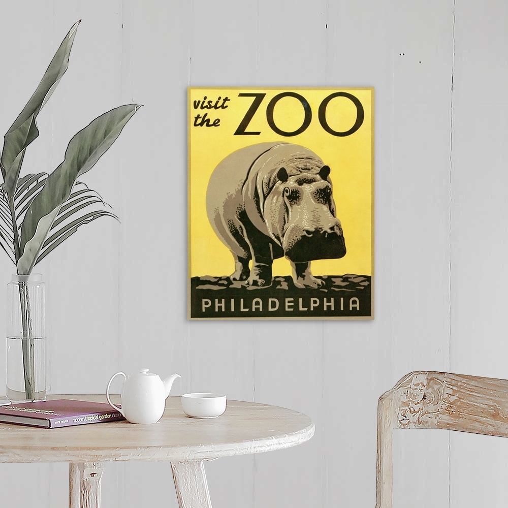 A farmhouse room featuring Visit the zoo, Philadelphia. Poster promoting the zoo as a place to visit, showing a hippopotamus...