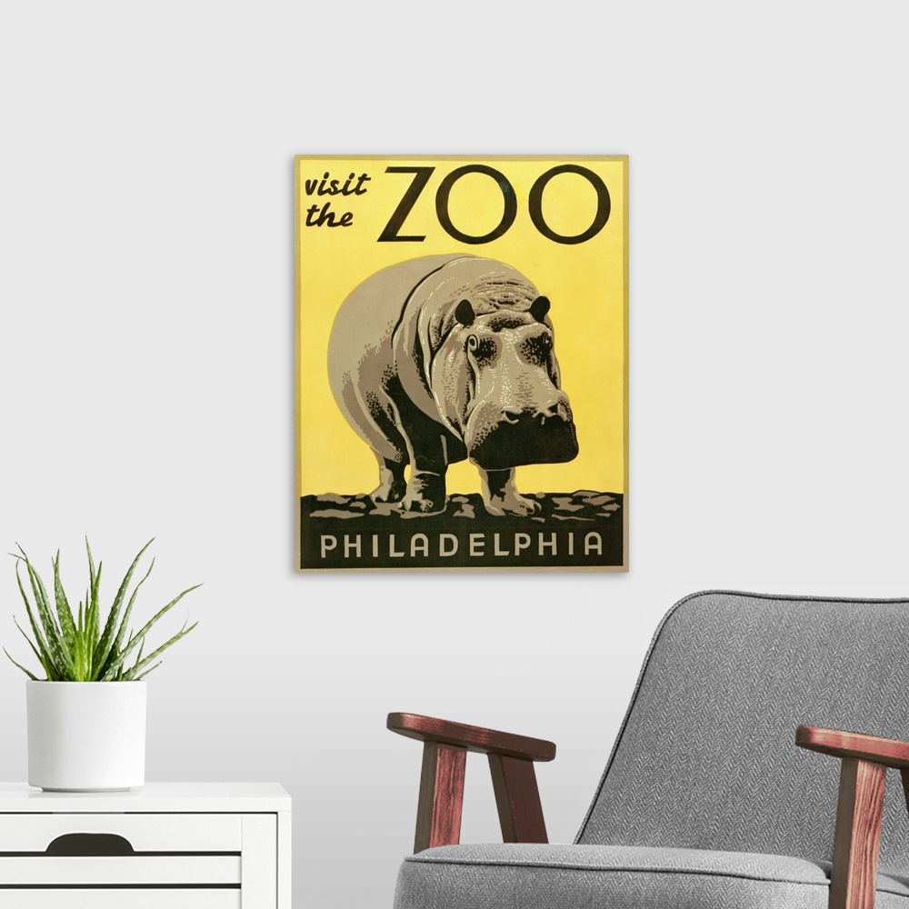 A modern room featuring Visit the zoo, Philadelphia. Poster promoting the zoo as a place to visit, showing a hippopotamus...