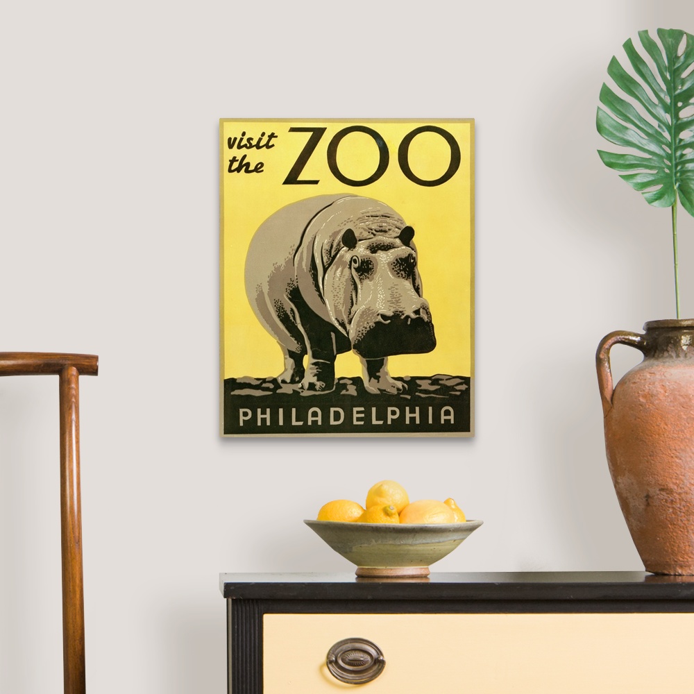 A traditional room featuring Visit the zoo, Philadelphia. Poster promoting the zoo as a place to visit, showing a hippopotamus...