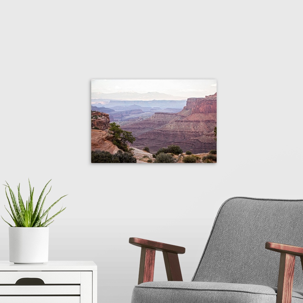 A modern room featuring View of the red sandstone cliffs, with visible sediment lines in the eroded rock, Canyonlands Nat...