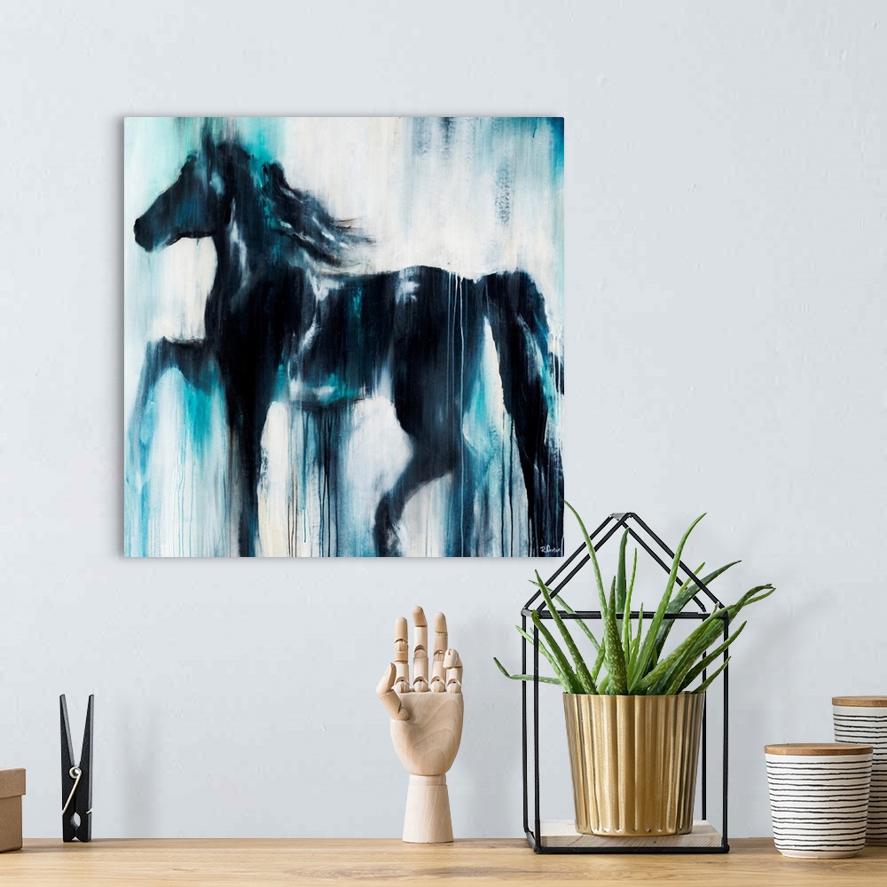 A bohemian room featuring Giant, horizontal painting of a silhouetted profile of a horse on a light background. The entire ...