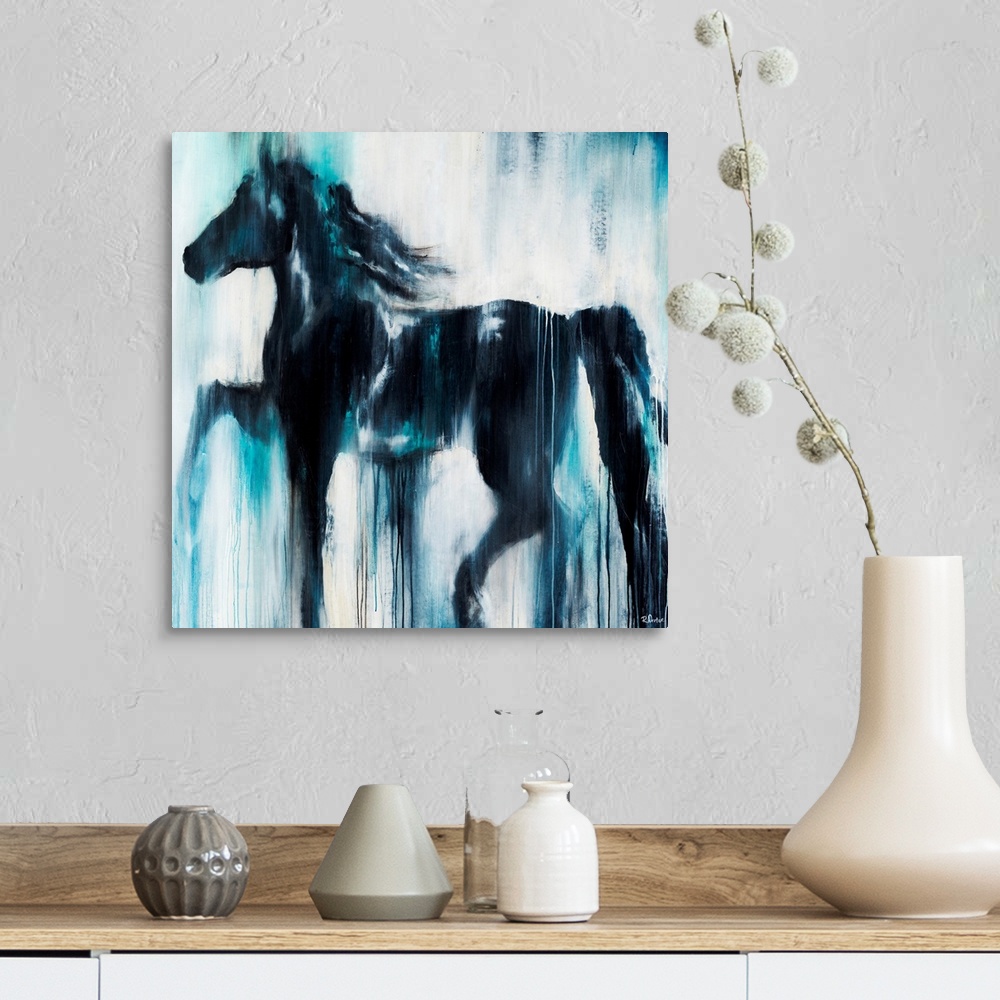 A farmhouse room featuring Giant, horizontal painting of a silhouetted profile of a horse on a light background. The entire ...