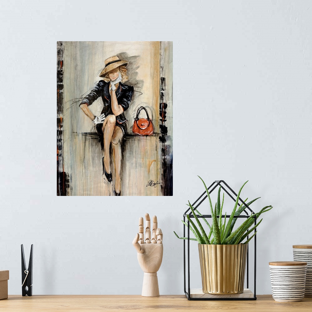 A bohemian room featuring Vertical, figurative art on a big canvas of a woman in a fashionable dark dress and hat, with glo...
