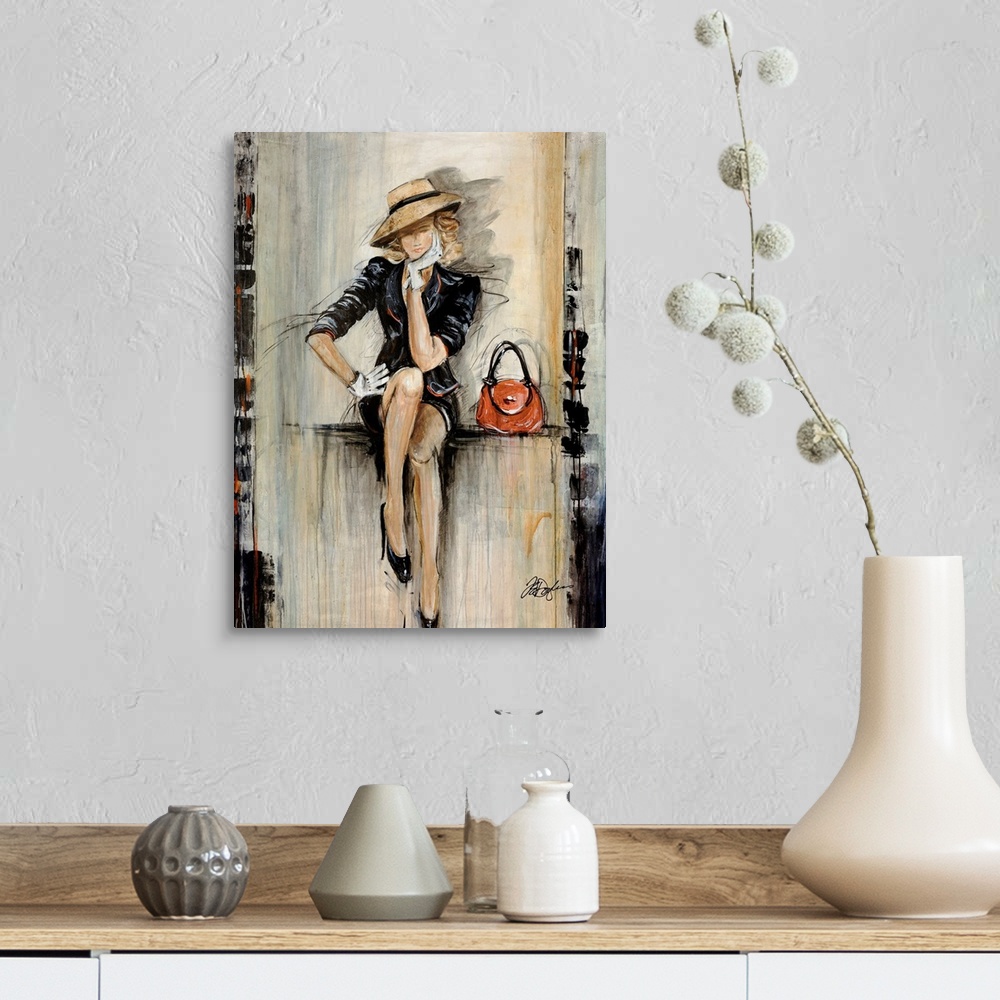 A farmhouse room featuring Vertical, figurative art on a big canvas of a woman in a fashionable dark dress and hat, with glo...