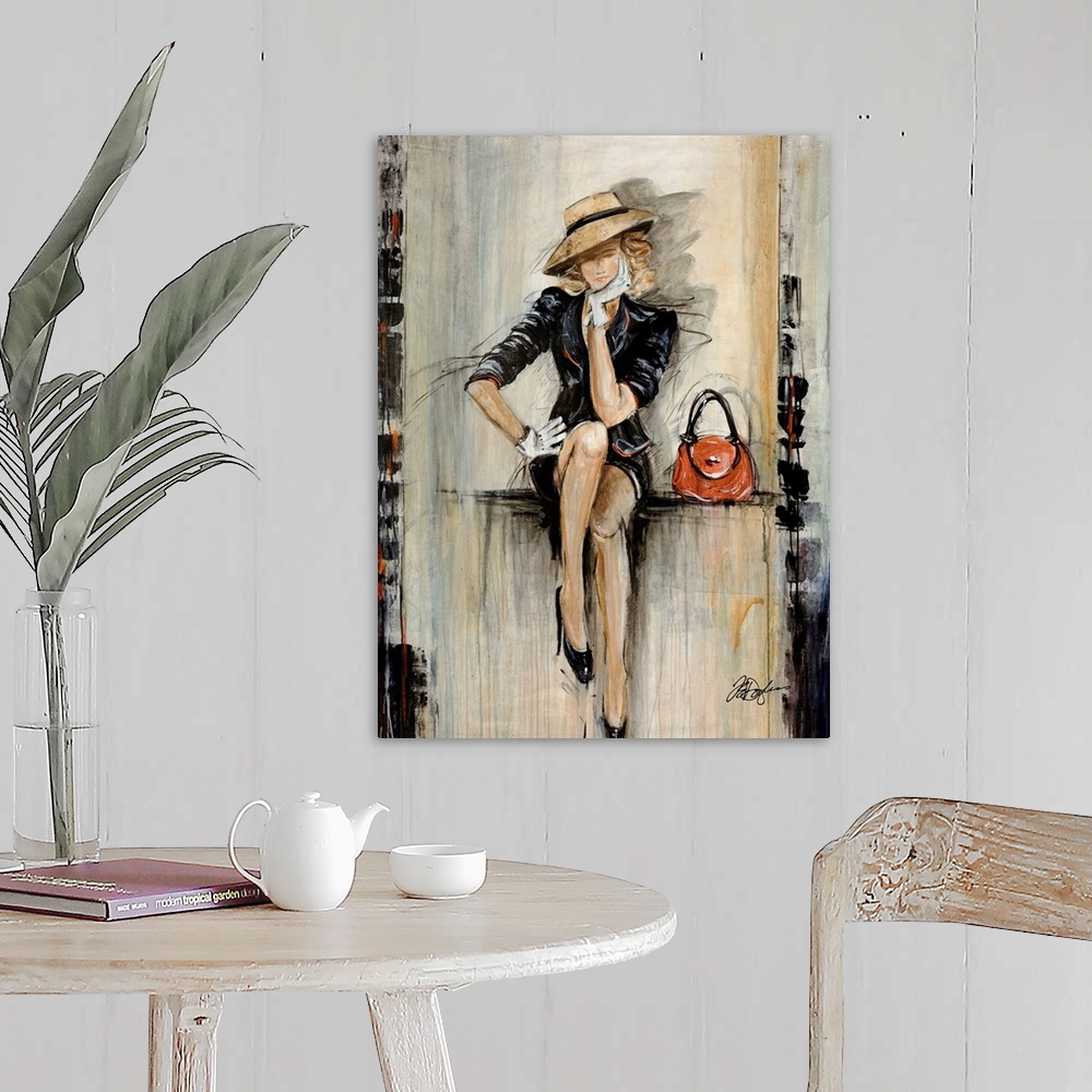 A farmhouse room featuring Vertical, figurative art on a big canvas of a woman in a fashionable dark dress and hat, with glo...