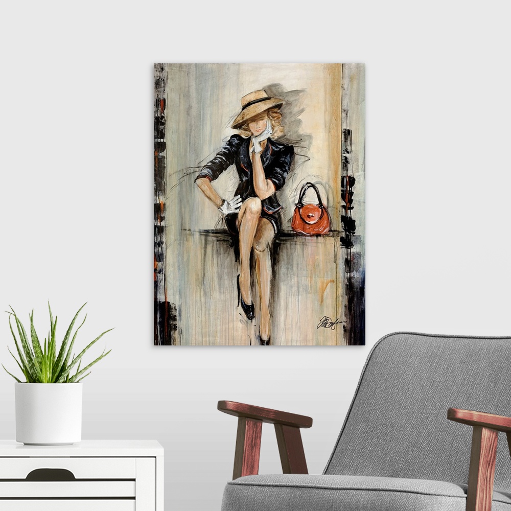 A modern room featuring Vertical, figurative art on a big canvas of a woman in a fashionable dark dress and hat, with glo...