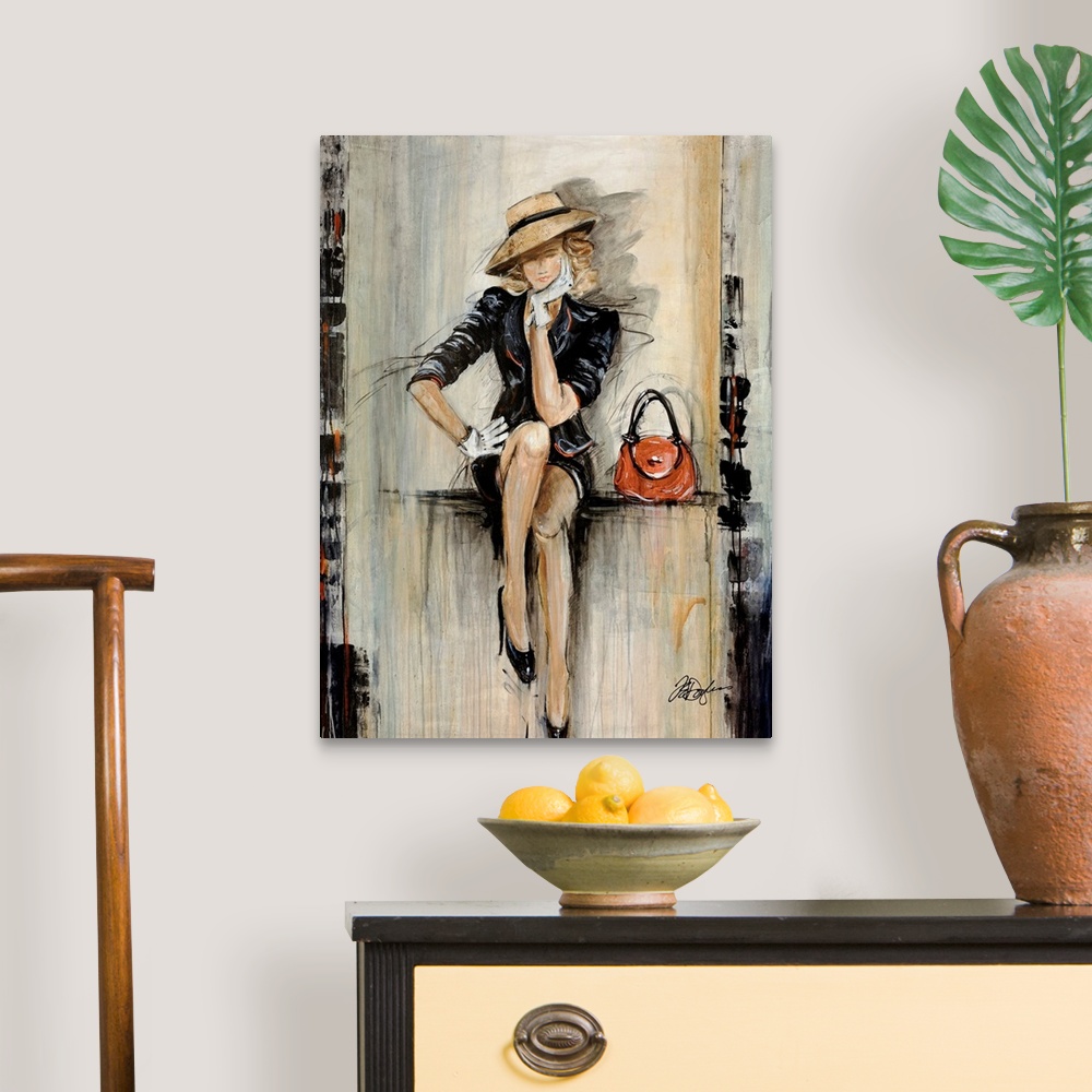 A traditional room featuring Vertical, figurative art on a big canvas of a woman in a fashionable dark dress and hat, with glo...