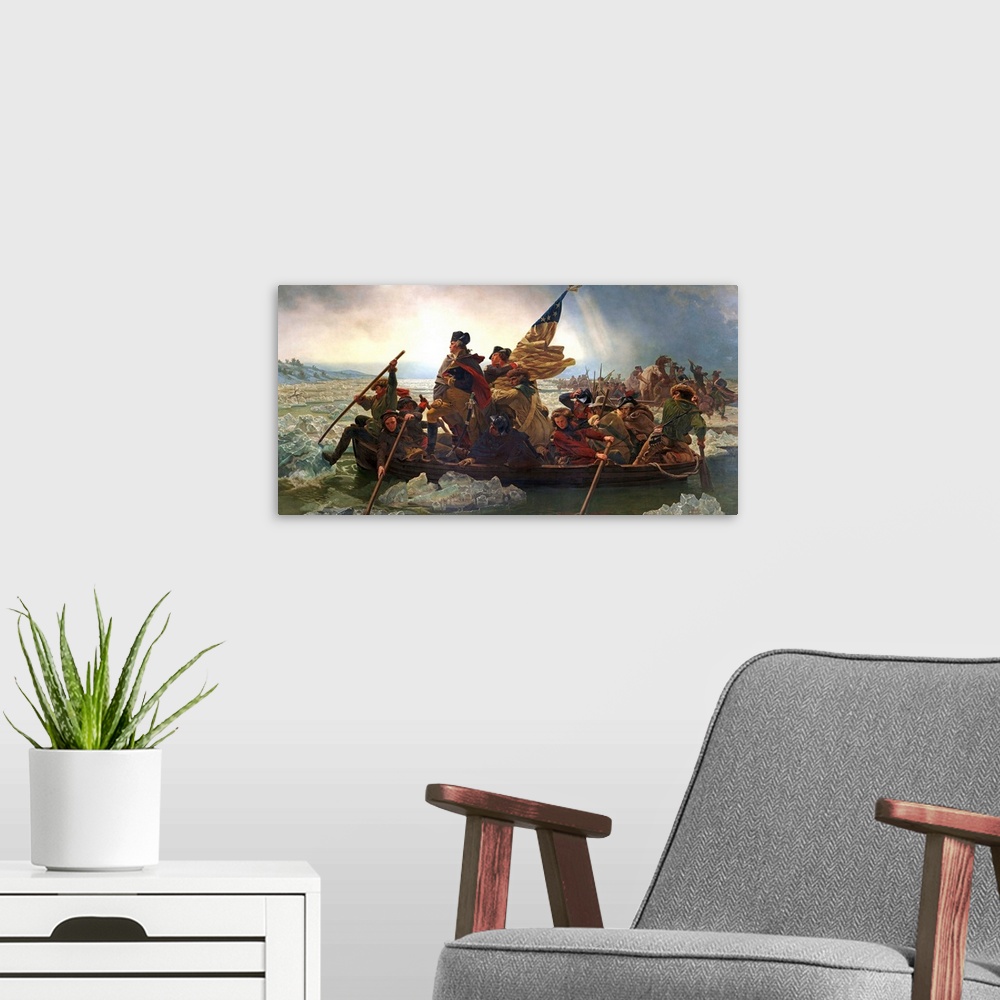 A modern room featuring Leutze's depiction of Washington's attack on the Hessians at Trenton on December 25, 1776, was a ...