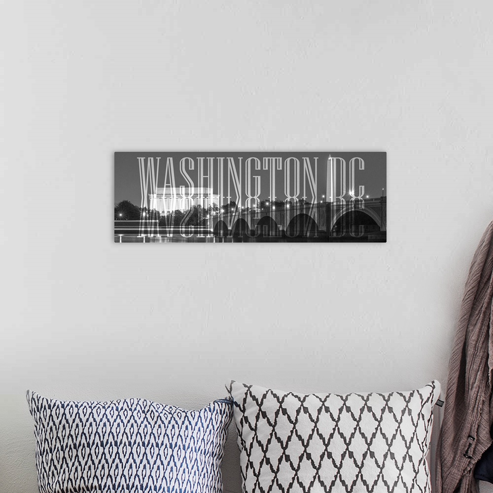 A bohemian room featuring Transparent mirrored typography art against a photograph of the Lincoln Memorial.