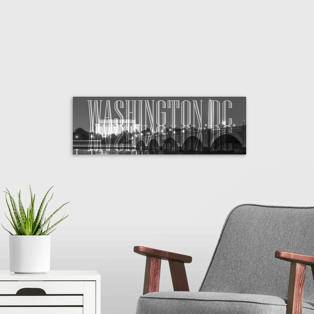 A modern room featuring Transparent mirrored typography art against a photograph of the Lincoln Memorial.