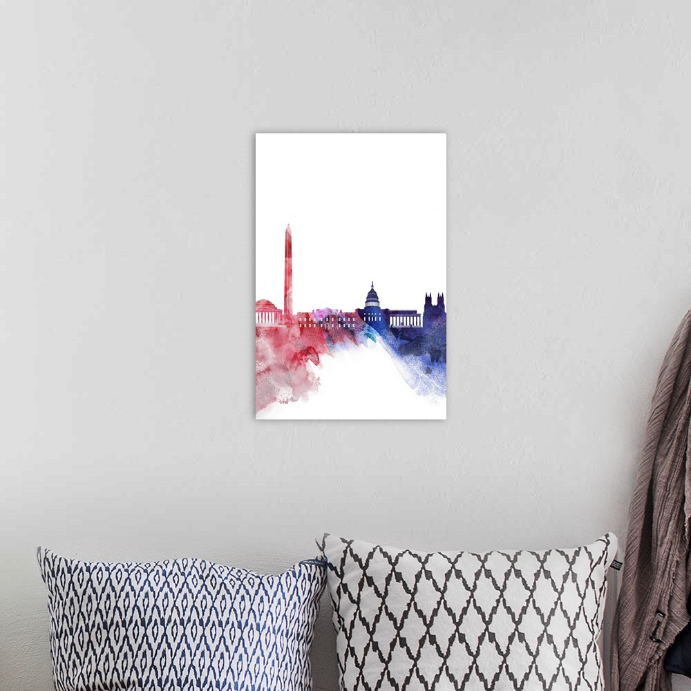 A bohemian room featuring Contemporary watercolor skyline of Washington DC in red white and blue.