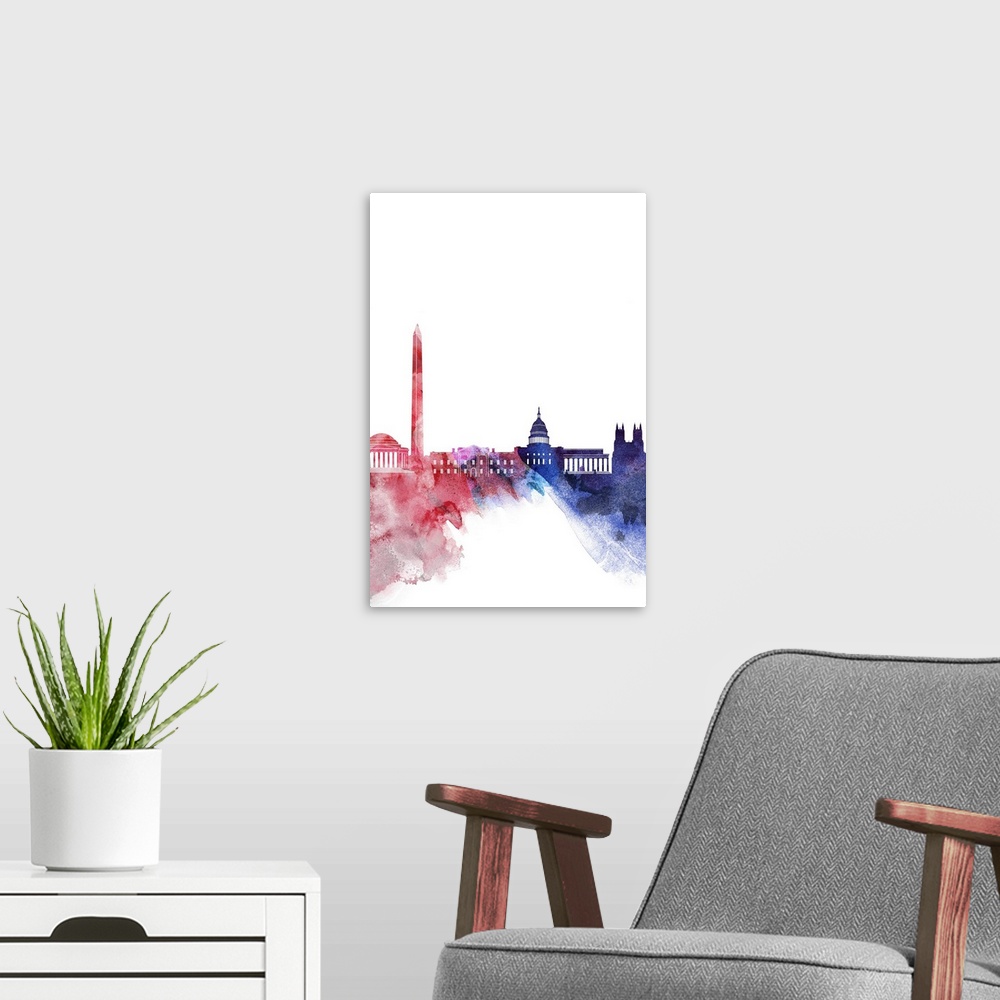 A modern room featuring Contemporary watercolor skyline of Washington DC in red white and blue.