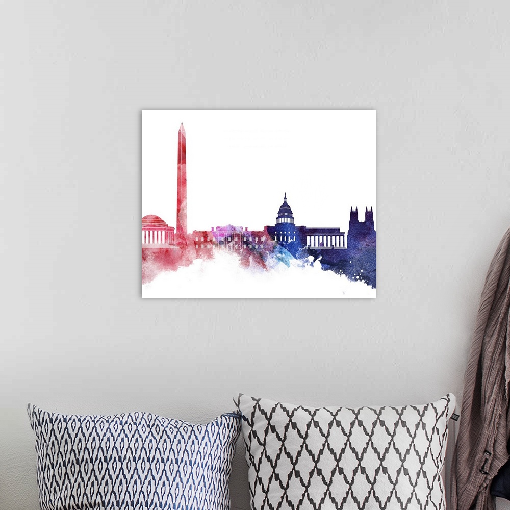 A bohemian room featuring Contemporary watercolor skyline of Washington DC in red white and blue.