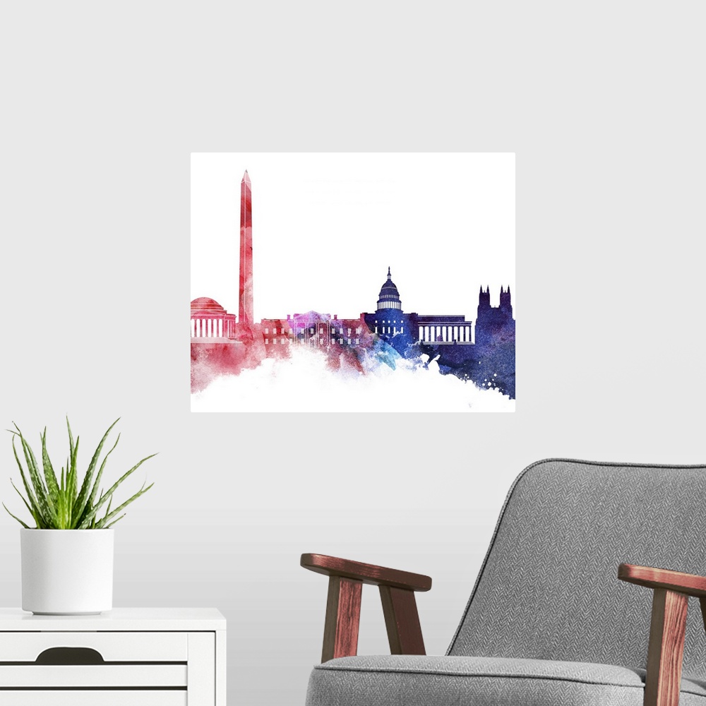A modern room featuring Contemporary watercolor skyline of Washington DC in red white and blue.