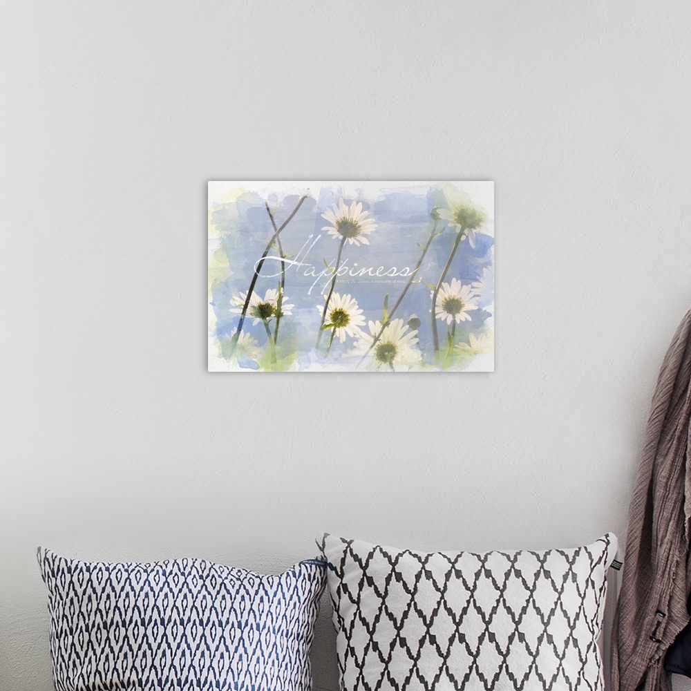 A bohemian room featuring Horizontal home art docor on a big canvas of the underside of many daisies against a blue sky bac...