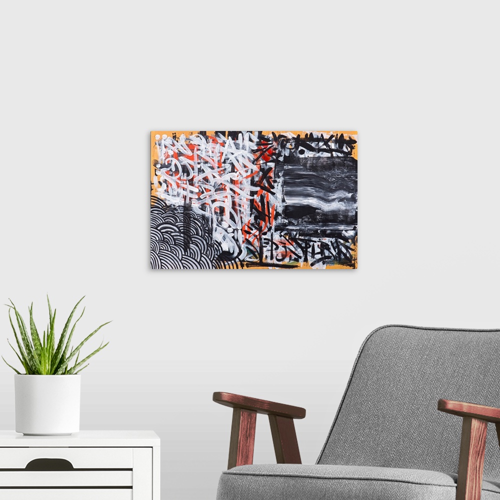 A modern room featuring Urban abstract painting in orange, white, and black.