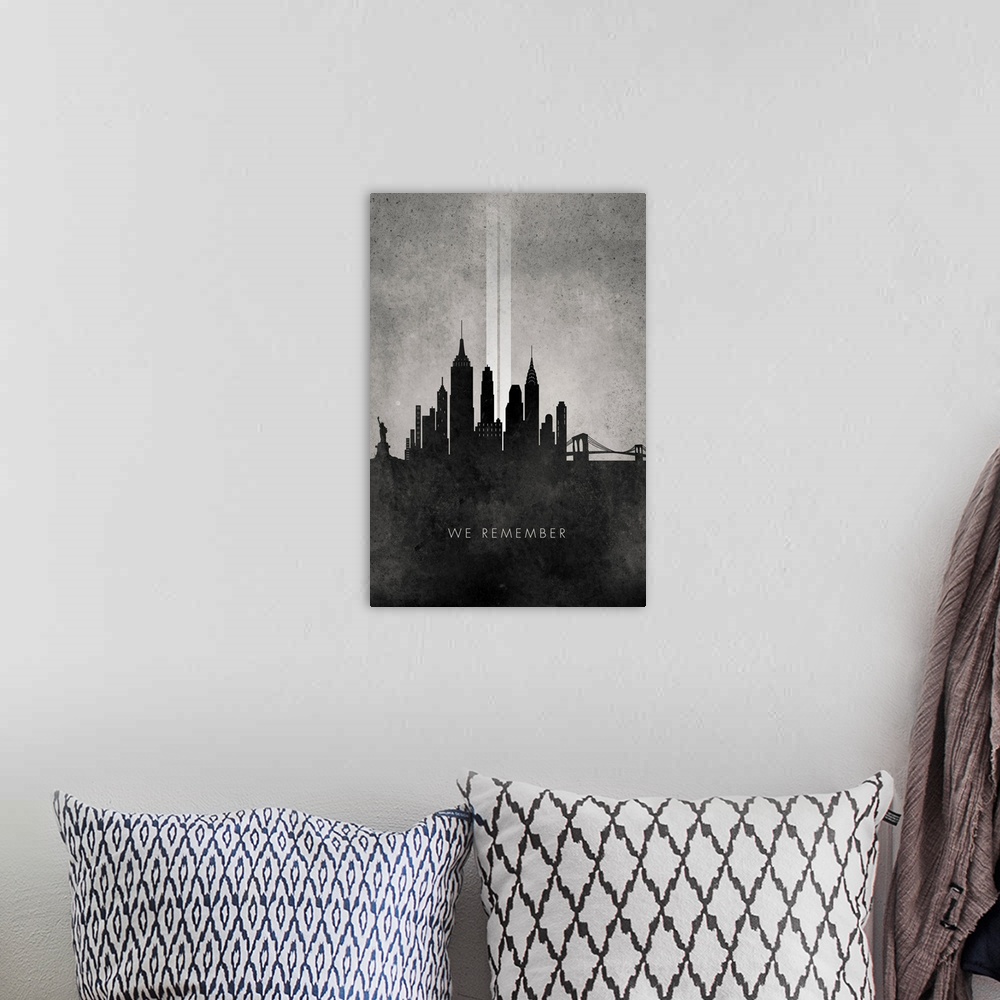 A bohemian room featuring Minimalist art featuring the new york skyline and the twin tower ground zero lights. In remembran...