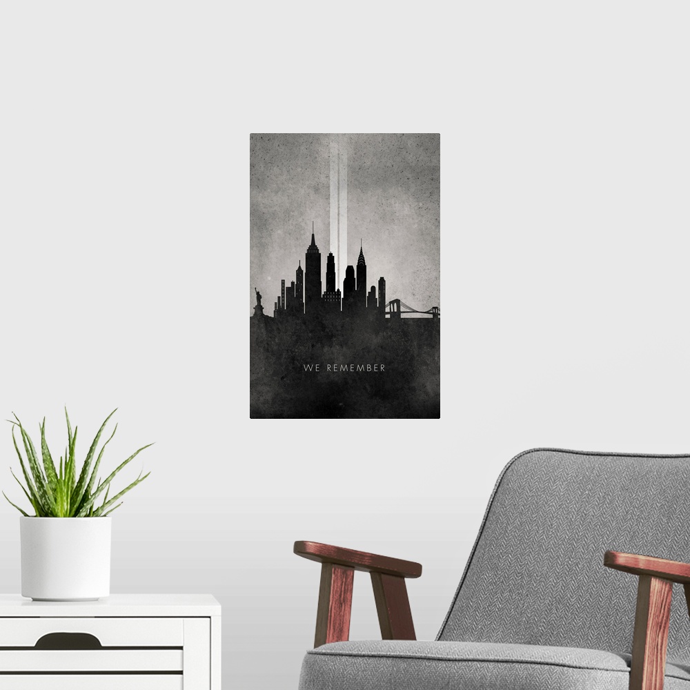 A modern room featuring Minimalist art featuring the new york skyline and the twin tower ground zero lights. In remembran...