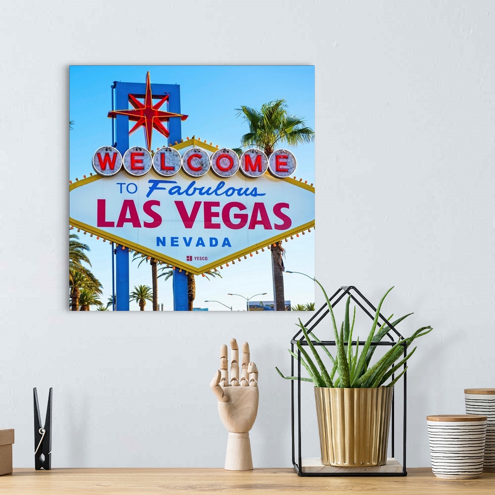 A bohemian room featuring Square photograph of the Welcome to Fabulous Las Vegas Nevada sign.