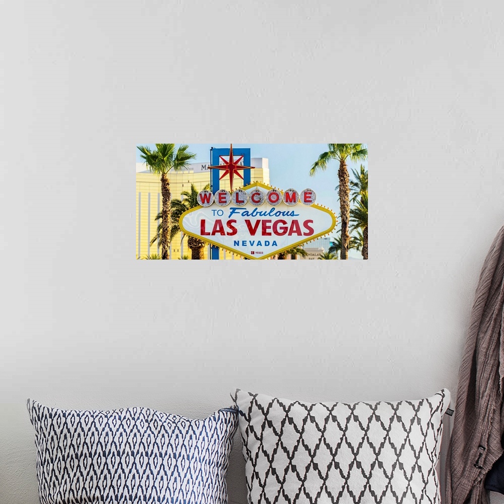 A bohemian room featuring Photograph of the Welcome to Fabulous Las Vegas Nevada sign.