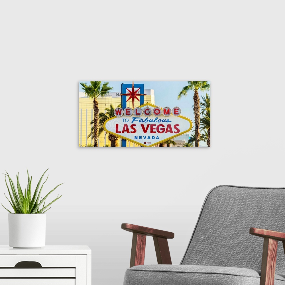 A modern room featuring Photograph of the Welcome to Fabulous Las Vegas Nevada sign.
