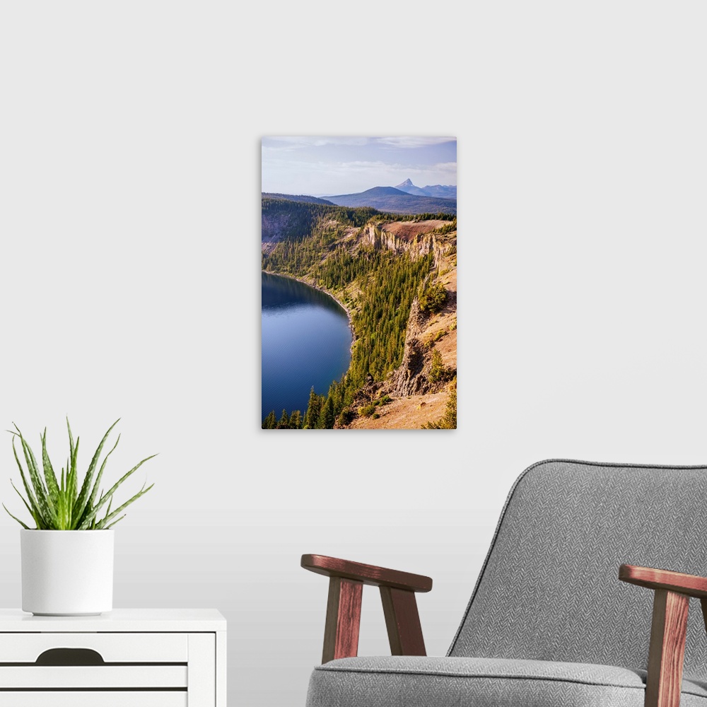 A modern room featuring View of the west side of Crater Lake with Mount Thielsen in the background in Crater Lake, Oregon.