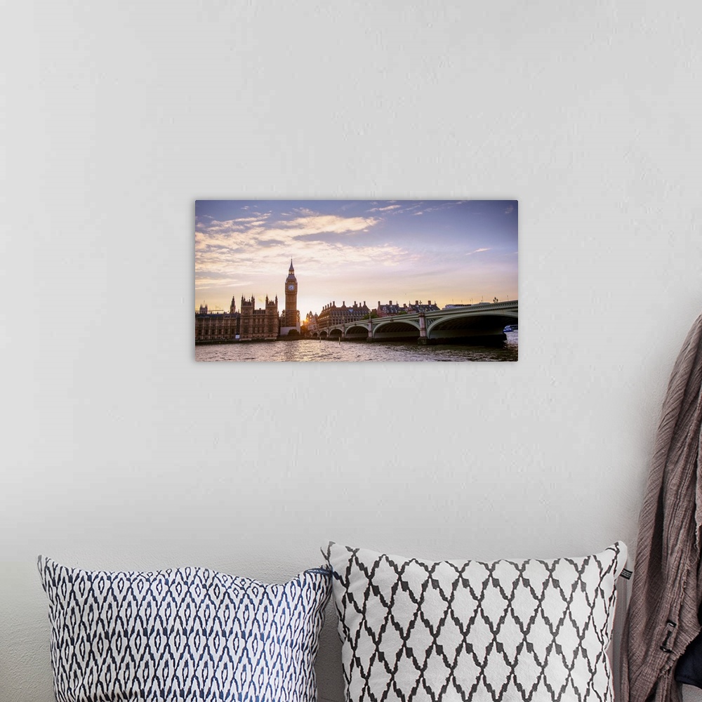 A bohemian room featuring Panoramic photograph of the Westminster Bridge over the River Thames with Big Ben in the backgrou...