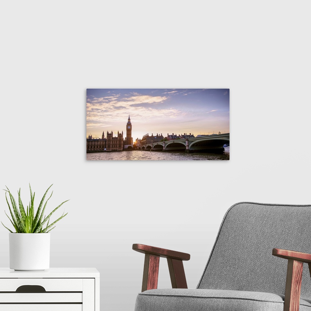 A modern room featuring Panoramic photograph of the Westminster Bridge over the River Thames with Big Ben in the backgrou...