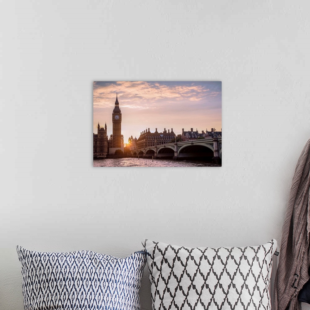 A bohemian room featuring Panoramic photograph of the Westminster Bridge over the River Thames and Big Ben at sunset, Westm...