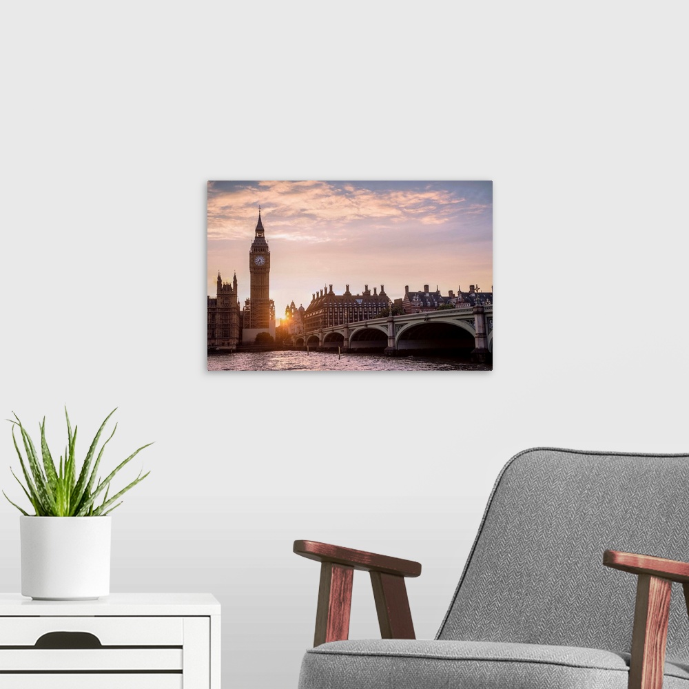 A modern room featuring Panoramic photograph of the Westminster Bridge over the River Thames and Big Ben at sunset, Westm...