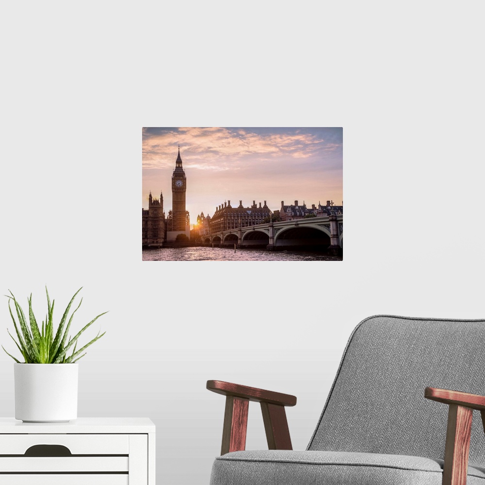 A modern room featuring Panoramic photograph of the Westminster Bridge over the River Thames and Big Ben at sunset, Westm...