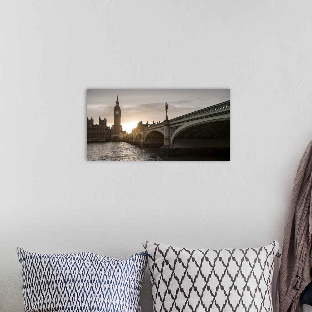 A bohemian room featuring Photograph of the Westminster Bridge over the River Thames with Big Ben in the background at suns...