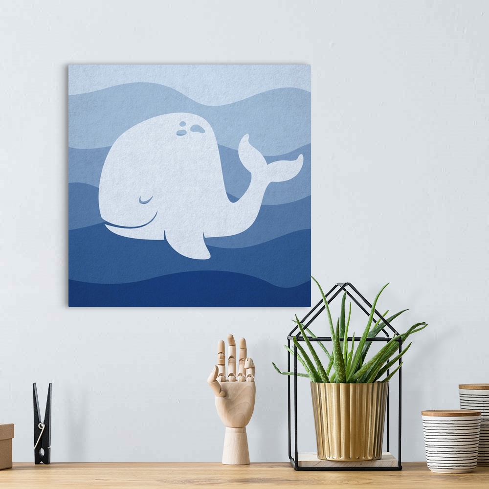 A bohemian room featuring Nursery art of a whale swimming in blue waves.