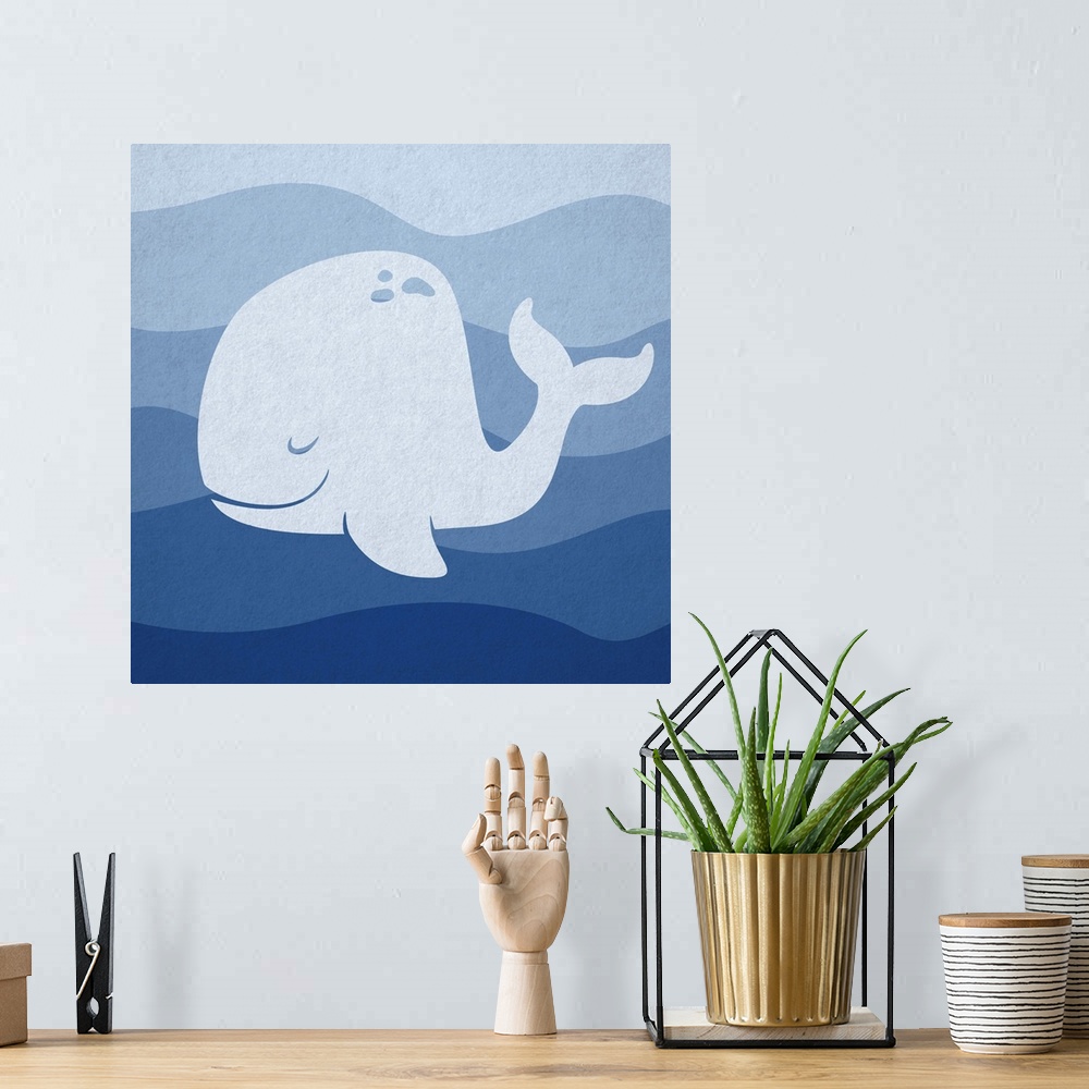 A bohemian room featuring Nursery art of a whale swimming in blue waves.