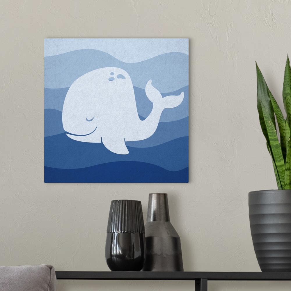 A modern room featuring Nursery art of a whale swimming in blue waves.
