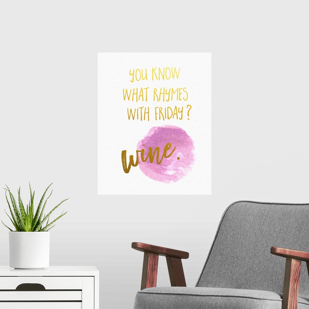 A modern room featuring Humorous handwritten message celebrating the end of the week and wine.