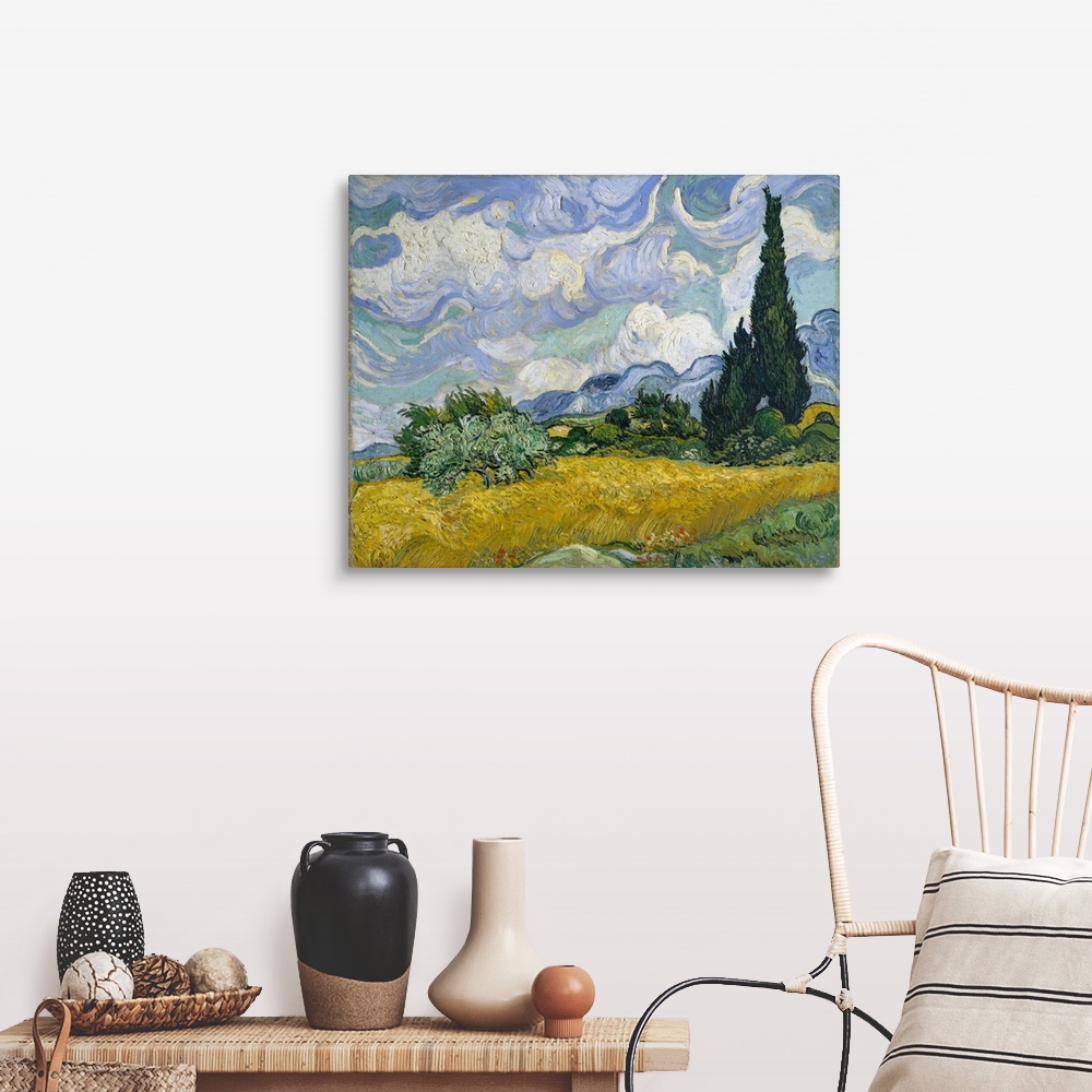 A farmhouse room featuring Cypresses gained ground in Van Gogh's work by late June 1889 when he resolved to devote one of hi...