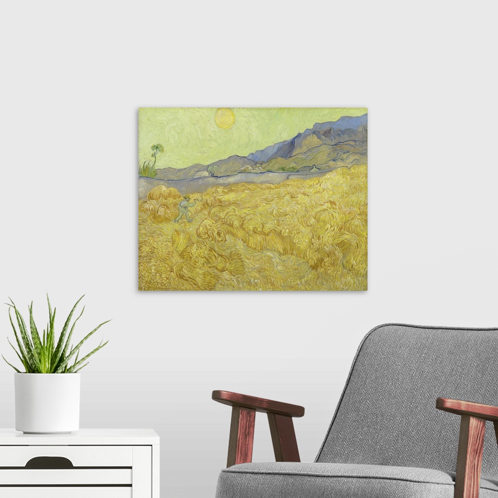 A modern room featuring Vincent van Gogh - Wheatfield with a reaper.