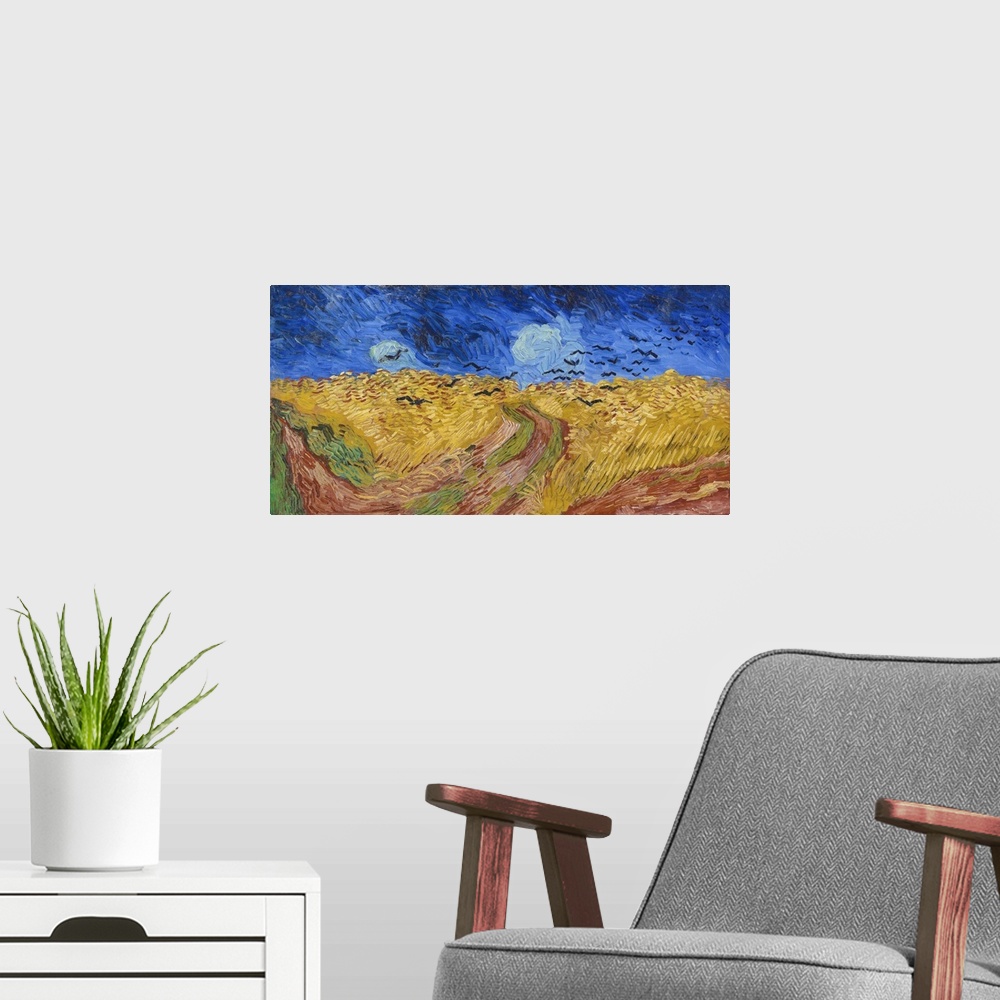 A modern room featuring Vincent van Gogh's Wheatfield with Crows (1890) famous landscape painting.