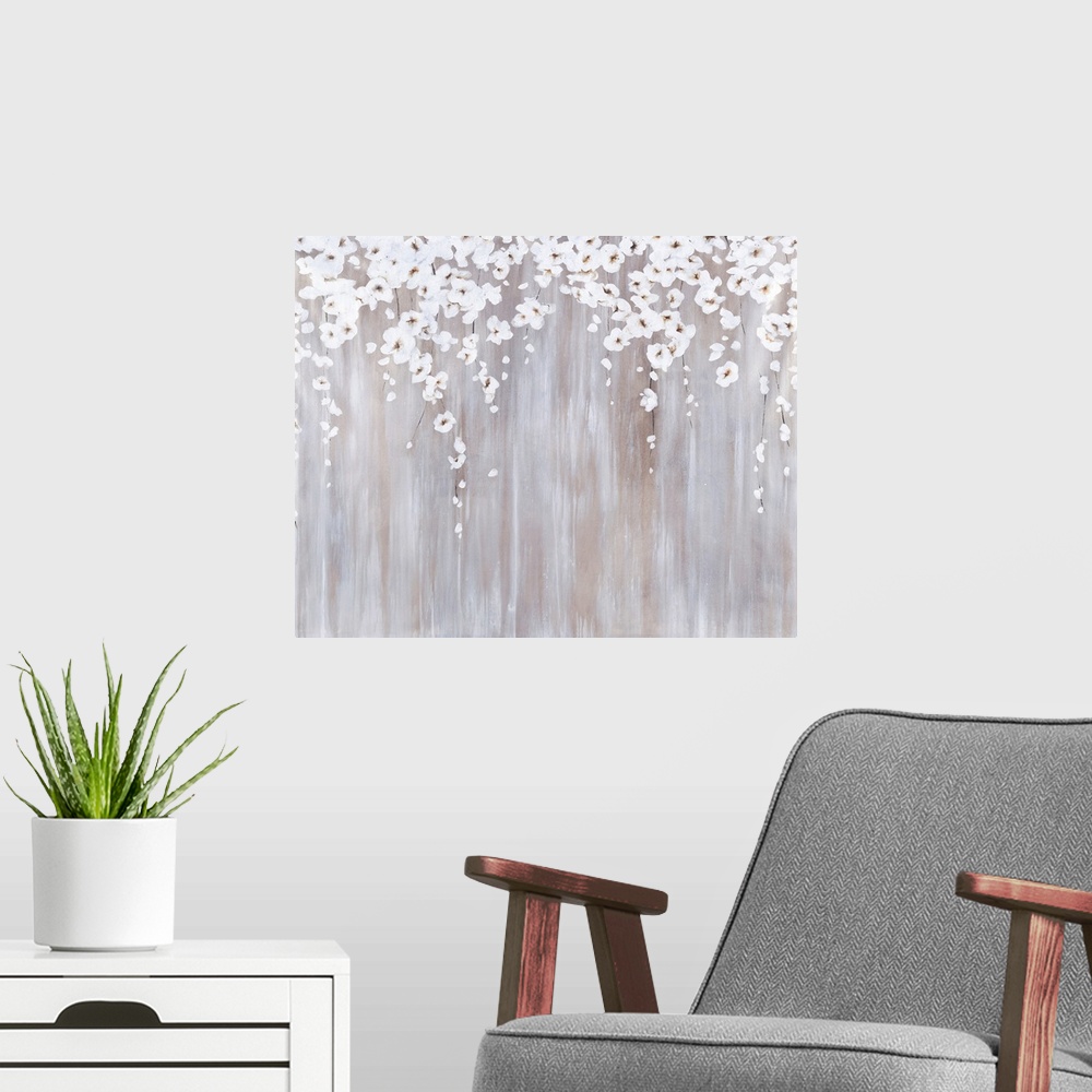 A modern room featuring Contemporary abstract painting using light earthy tones with cascading flowers from the top of th...