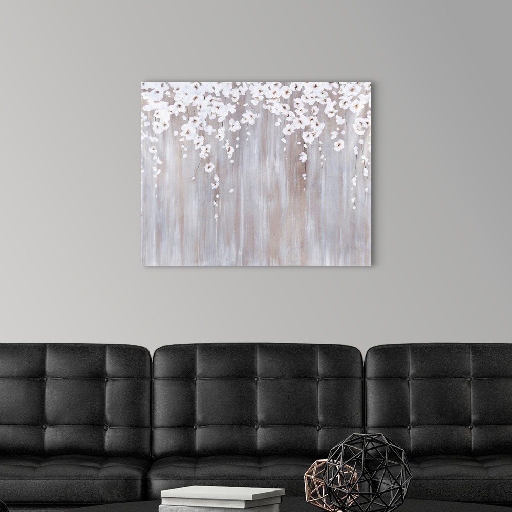 A modern room featuring Contemporary abstract painting using light earthy tones with cascading flowers from the top of th...
