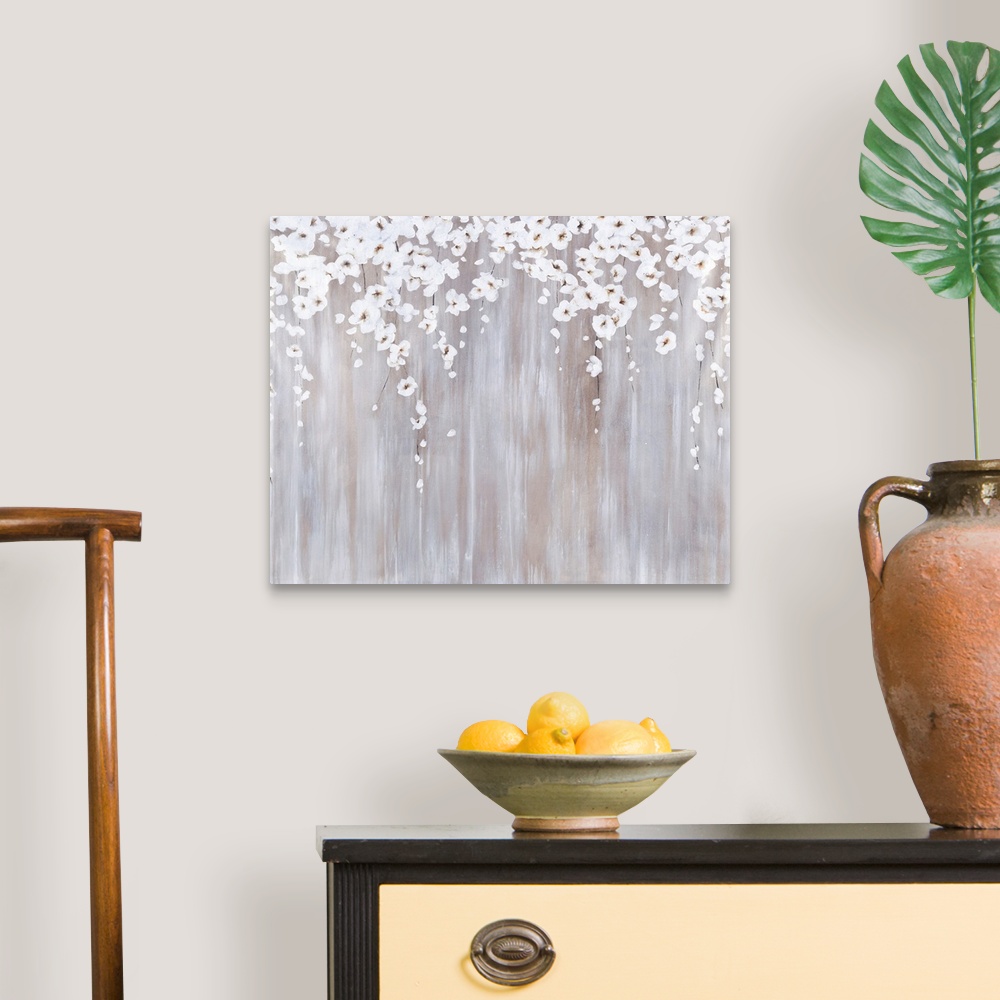 A traditional room featuring Contemporary abstract painting using light earthy tones with cascading flowers from the top of th...