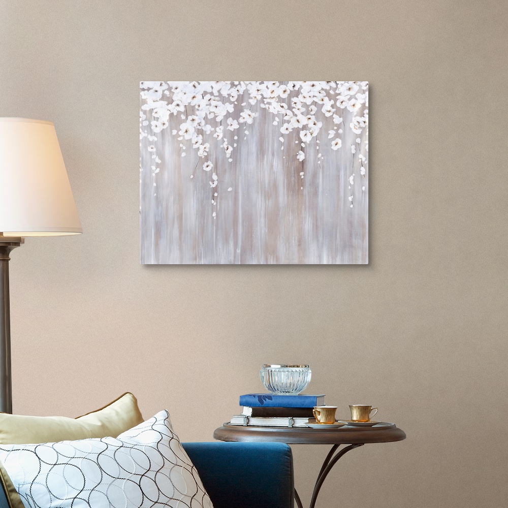 A traditional room featuring Contemporary abstract painting using light earthy tones with cascading flowers from the top of th...