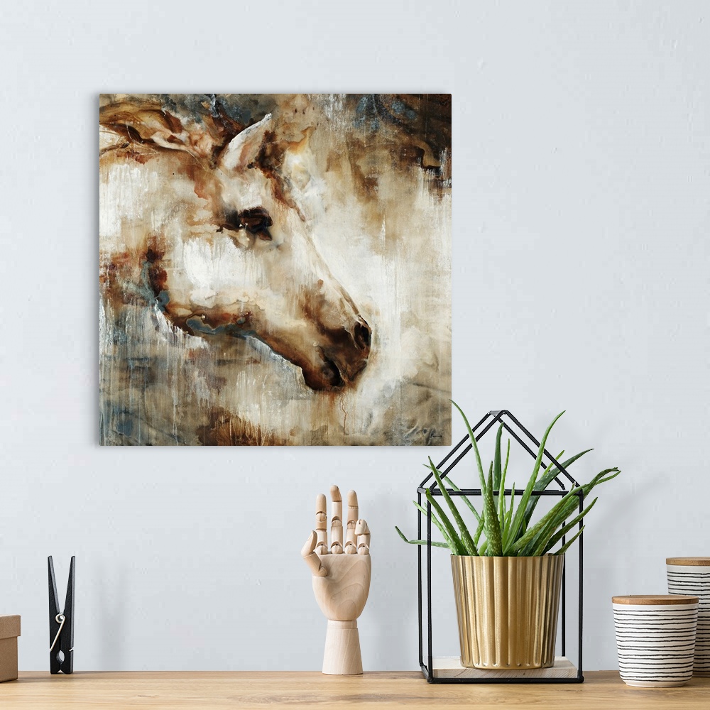 A bohemian room featuring Huge contemporary art shows a portrait of a horse's head from a side view through a multitude of ...