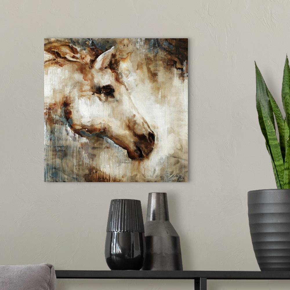 A modern room featuring Huge contemporary art shows a portrait of a horse's head from a side view through a multitude of ...