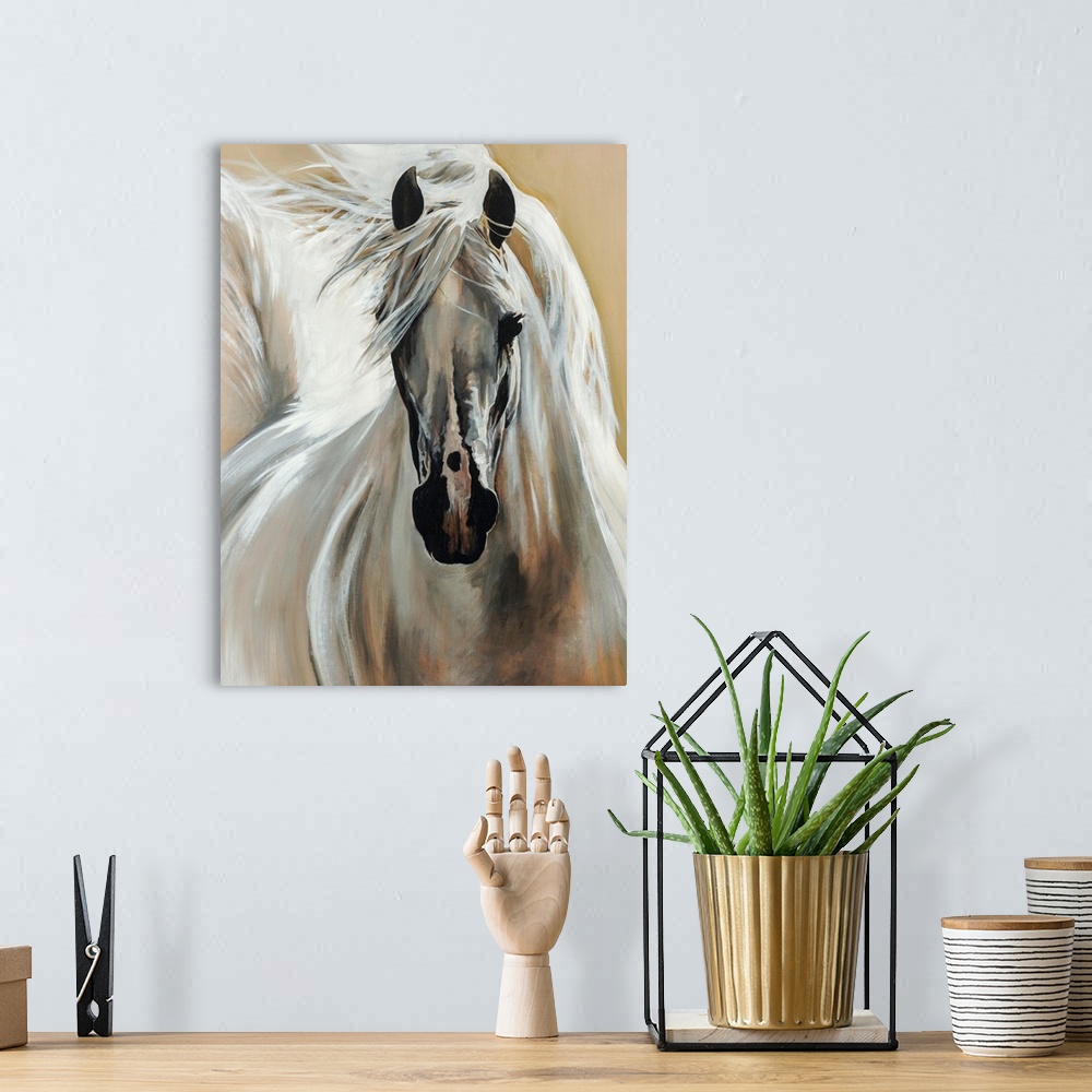 A bohemian room featuring Contemporary painting of a horse galloping with its bright mane and tail flowing behind it.
