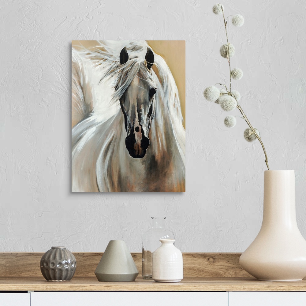 A farmhouse room featuring Contemporary painting of a horse galloping with its bright mane and tail flowing behind it.