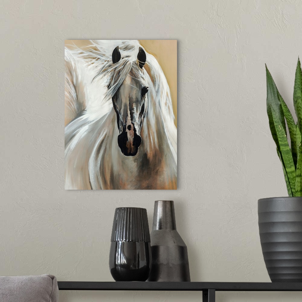 A modern room featuring Contemporary painting of a horse galloping with its bright mane and tail flowing behind it.